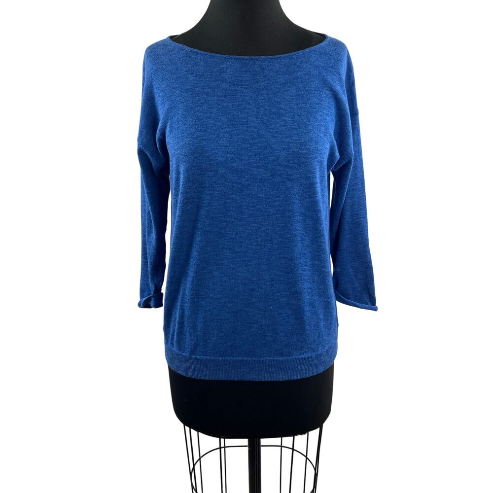 White + Warren Blue Sweater Cotton Boat Neck 3/4 Sleeve Size Small S